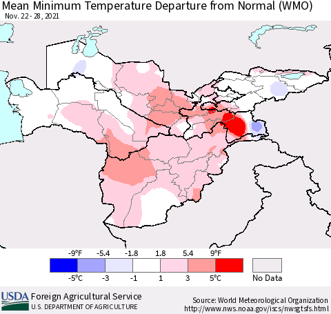 Central Asia Mean Minimum Temperature Departure from Normal (WMO) Thematic Map For 11/22/2021 - 11/28/2021
