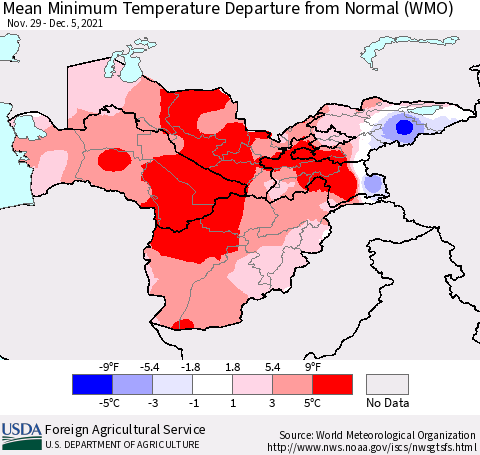 Central Asia Mean Minimum Temperature Departure from Normal (WMO) Thematic Map For 11/29/2021 - 12/5/2021
