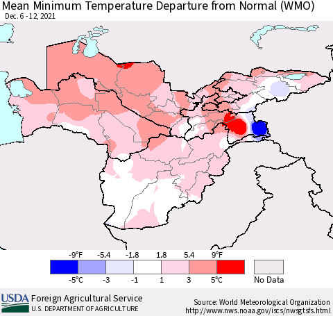 Central Asia Mean Minimum Temperature Departure from Normal (WMO) Thematic Map For 12/6/2021 - 12/12/2021