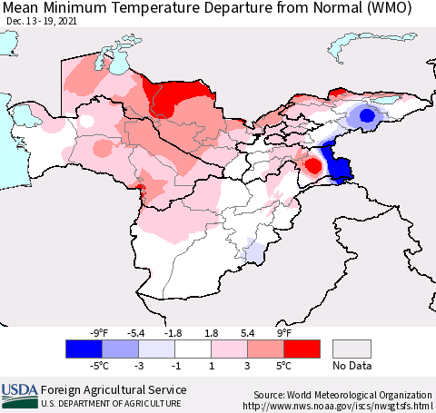Central Asia Mean Minimum Temperature Departure from Normal (WMO) Thematic Map For 12/13/2021 - 12/19/2021
