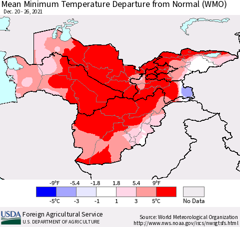 Central Asia Mean Minimum Temperature Departure from Normal (WMO) Thematic Map For 12/20/2021 - 12/26/2021