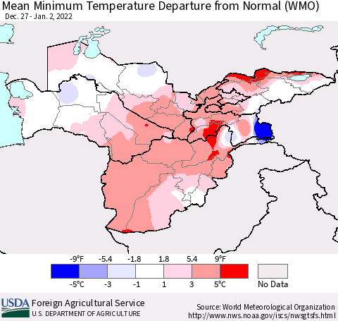 Central Asia Mean Minimum Temperature Departure from Normal (WMO) Thematic Map For 12/27/2021 - 1/2/2022
