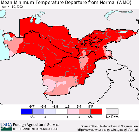 Central Asia Mean Minimum Temperature Departure from Normal (WMO) Thematic Map For 4/4/2022 - 4/10/2022