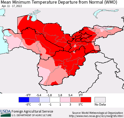 Central Asia Mean Minimum Temperature Departure from Normal (WMO) Thematic Map For 4/11/2022 - 4/17/2022