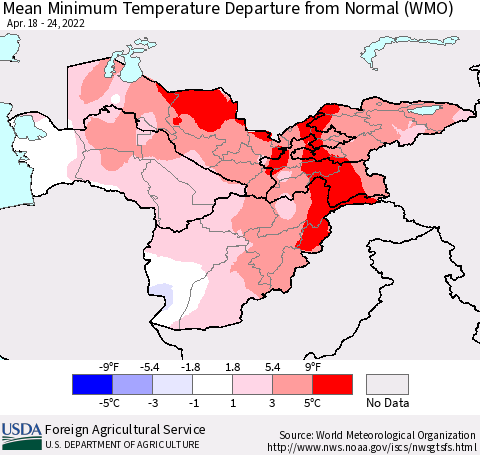 Central Asia Mean Minimum Temperature Departure from Normal (WMO) Thematic Map For 4/18/2022 - 4/24/2022