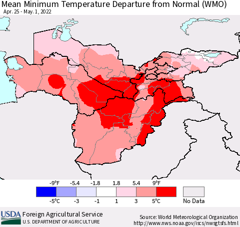 Central Asia Mean Minimum Temperature Departure from Normal (WMO) Thematic Map For 4/25/2022 - 5/1/2022