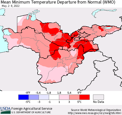 Central Asia Mean Minimum Temperature Departure from Normal (WMO) Thematic Map For 5/2/2022 - 5/8/2022