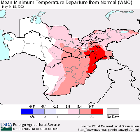 Central Asia Mean Minimum Temperature Departure from Normal (WMO) Thematic Map For 5/9/2022 - 5/15/2022