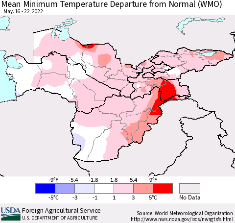 Central Asia Mean Minimum Temperature Departure from Normal (WMO) Thematic Map For 5/16/2022 - 5/22/2022