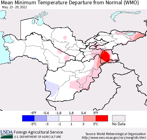 Central Asia Mean Minimum Temperature Departure from Normal (WMO) Thematic Map For 5/23/2022 - 5/29/2022