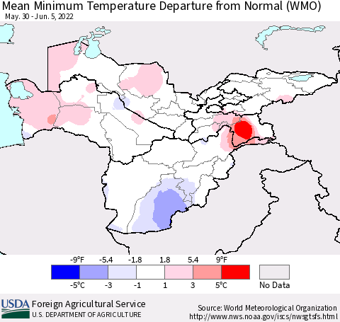 Central Asia Mean Minimum Temperature Departure from Normal (WMO) Thematic Map For 5/30/2022 - 6/5/2022