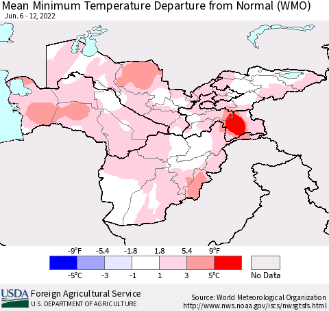 Central Asia Mean Minimum Temperature Departure from Normal (WMO) Thematic Map For 6/6/2022 - 6/12/2022