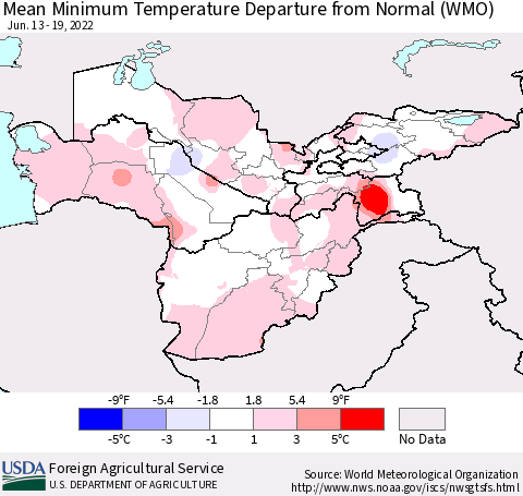 Central Asia Mean Minimum Temperature Departure from Normal (WMO) Thematic Map For 6/13/2022 - 6/19/2022