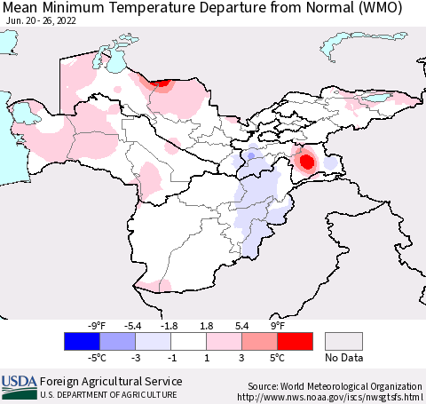 Central Asia Mean Minimum Temperature Departure from Normal (WMO) Thematic Map For 6/20/2022 - 6/26/2022