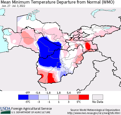 Central Asia Mean Minimum Temperature Departure from Normal (WMO) Thematic Map For 6/27/2022 - 7/3/2022