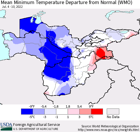 Central Asia Mean Minimum Temperature Departure from Normal (WMO) Thematic Map For 7/4/2022 - 7/10/2022