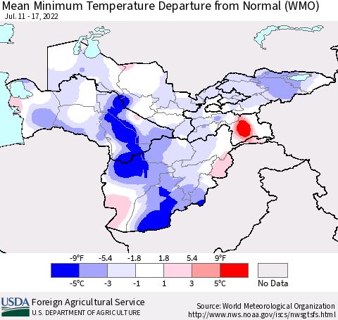 Central Asia Mean Minimum Temperature Departure from Normal (WMO) Thematic Map For 7/11/2022 - 7/17/2022