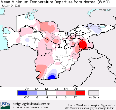 Central Asia Mean Minimum Temperature Departure from Normal (WMO) Thematic Map For 7/18/2022 - 7/24/2022