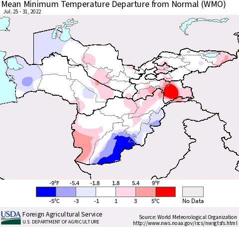 Central Asia Mean Minimum Temperature Departure from Normal (WMO) Thematic Map For 7/25/2022 - 7/31/2022