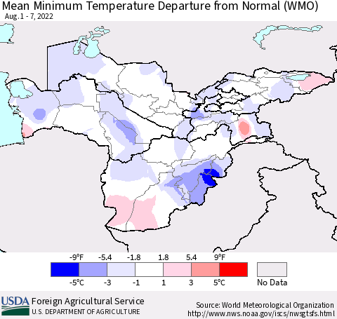 Central Asia Mean Minimum Temperature Departure from Normal (WMO) Thematic Map For 8/1/2022 - 8/7/2022