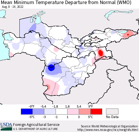 Central Asia Mean Minimum Temperature Departure from Normal (WMO) Thematic Map For 8/8/2022 - 8/14/2022