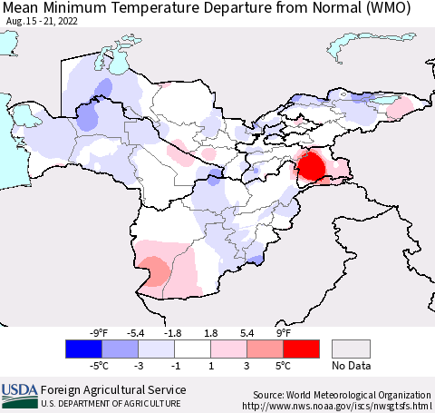 Central Asia Mean Minimum Temperature Departure from Normal (WMO) Thematic Map For 8/15/2022 - 8/21/2022