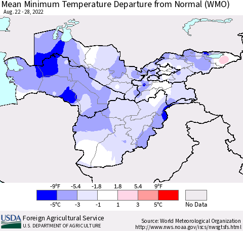 Central Asia Mean Minimum Temperature Departure from Normal (WMO) Thematic Map For 8/22/2022 - 8/28/2022
