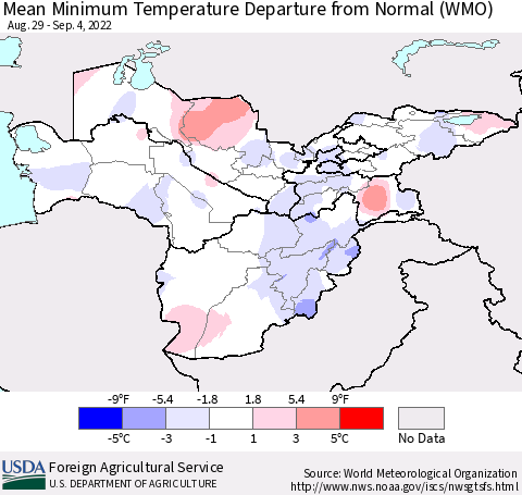 Central Asia Mean Minimum Temperature Departure from Normal (WMO) Thematic Map For 8/29/2022 - 9/4/2022