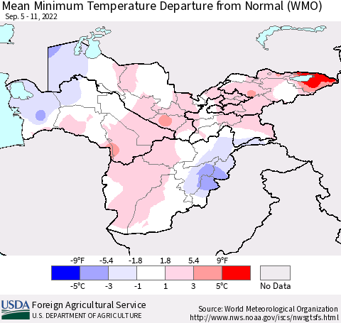 Central Asia Mean Minimum Temperature Departure from Normal (WMO) Thematic Map For 9/5/2022 - 9/11/2022