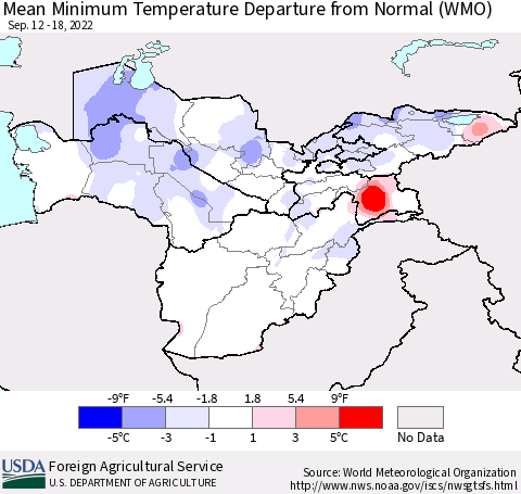 Central Asia Mean Minimum Temperature Departure from Normal (WMO) Thematic Map For 9/12/2022 - 9/18/2022