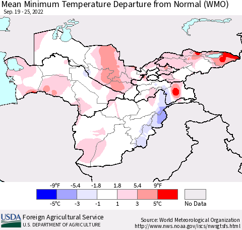 Central Asia Mean Minimum Temperature Departure from Normal (WMO) Thematic Map For 9/19/2022 - 9/25/2022