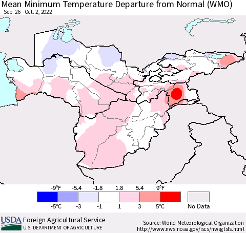 Central Asia Mean Minimum Temperature Departure from Normal (WMO) Thematic Map For 9/26/2022 - 10/2/2022
