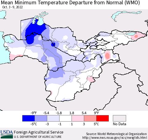 Central Asia Mean Minimum Temperature Departure from Normal (WMO) Thematic Map For 10/3/2022 - 10/9/2022