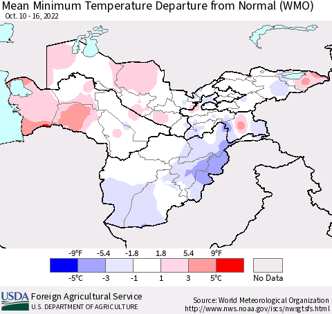 Central Asia Mean Minimum Temperature Departure from Normal (WMO) Thematic Map For 10/10/2022 - 10/16/2022