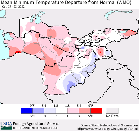 Central Asia Mean Minimum Temperature Departure from Normal (WMO) Thematic Map For 10/17/2022 - 10/23/2022