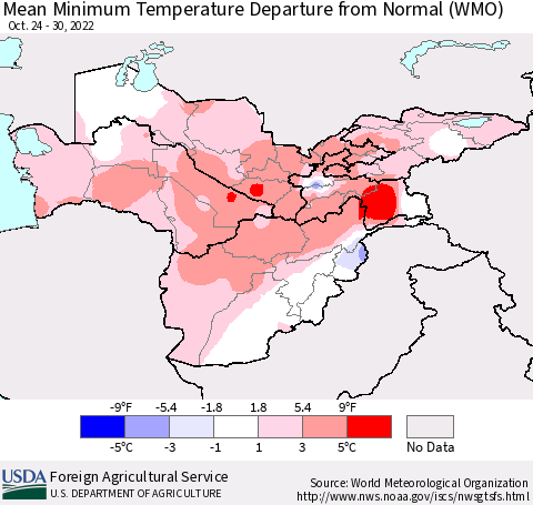 Central Asia Mean Minimum Temperature Departure from Normal (WMO) Thematic Map For 10/24/2022 - 10/30/2022