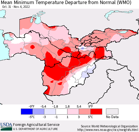 Central Asia Mean Minimum Temperature Departure from Normal (WMO) Thematic Map For 10/31/2022 - 11/6/2022