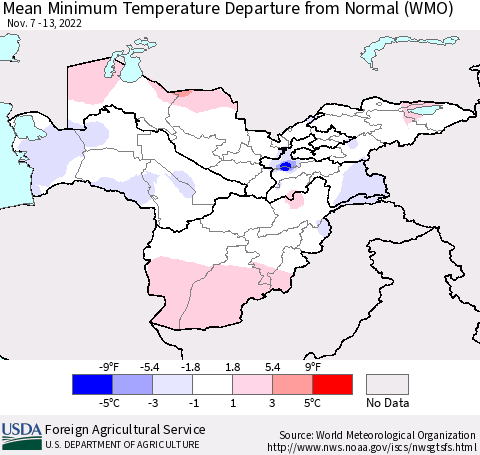 Central Asia Mean Minimum Temperature Departure from Normal (WMO) Thematic Map For 11/7/2022 - 11/13/2022