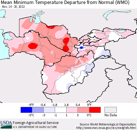 Central Asia Mean Minimum Temperature Departure from Normal (WMO) Thematic Map For 11/14/2022 - 11/20/2022