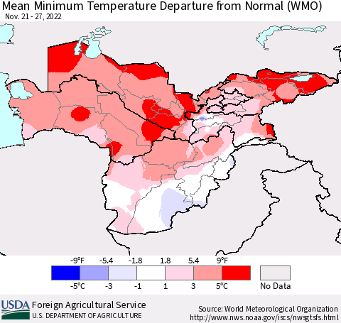 Central Asia Mean Minimum Temperature Departure from Normal (WMO) Thematic Map For 11/21/2022 - 11/27/2022