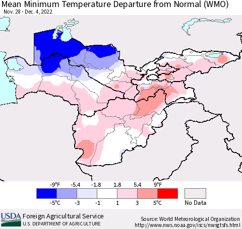 Central Asia Mean Minimum Temperature Departure from Normal (WMO) Thematic Map For 11/28/2022 - 12/4/2022