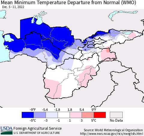 Central Asia Mean Minimum Temperature Departure from Normal (WMO) Thematic Map For 12/5/2022 - 12/11/2022