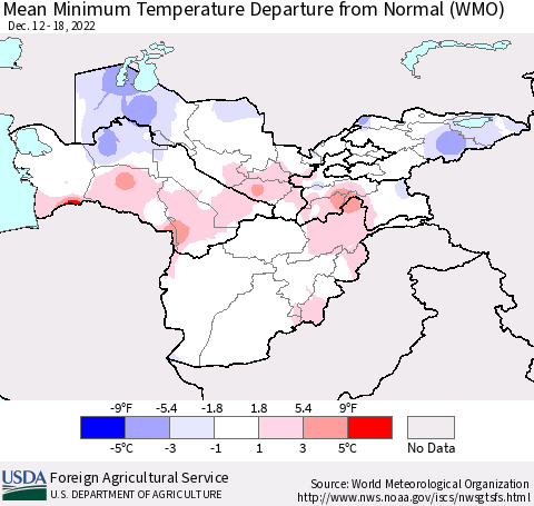 Central Asia Mean Minimum Temperature Departure from Normal (WMO) Thematic Map For 12/12/2022 - 12/18/2022