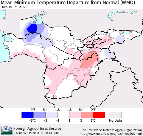 Central Asia Mean Minimum Temperature Departure from Normal (WMO) Thematic Map For 12/19/2022 - 12/25/2022