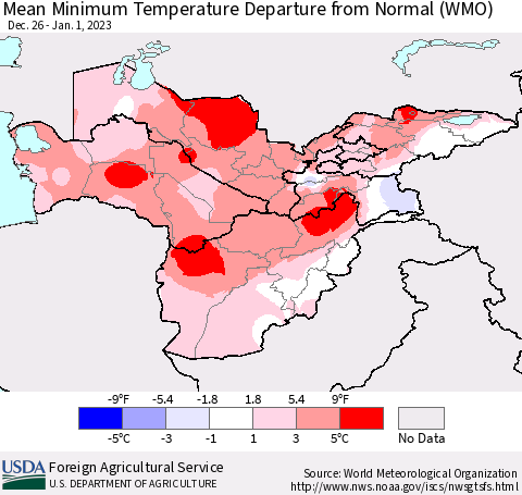 Central Asia Mean Minimum Temperature Departure from Normal (WMO) Thematic Map For 12/26/2022 - 1/1/2023