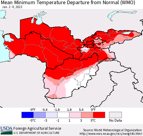 Central Asia Mean Minimum Temperature Departure from Normal (WMO) Thematic Map For 1/2/2023 - 1/8/2023