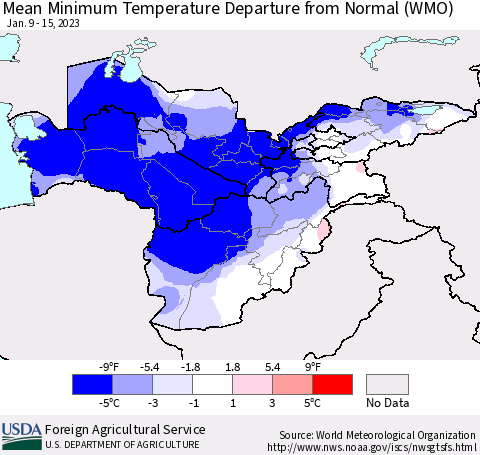 Central Asia Mean Minimum Temperature Departure from Normal (WMO) Thematic Map For 1/9/2023 - 1/15/2023