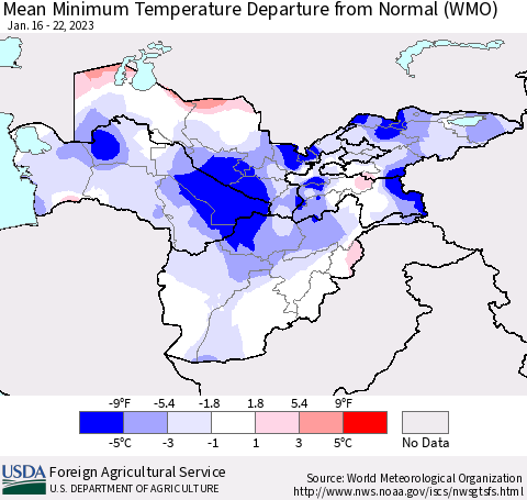 Central Asia Mean Minimum Temperature Departure from Normal (WMO) Thematic Map For 1/16/2023 - 1/22/2023