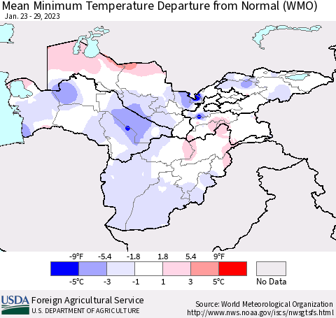 Central Asia Mean Minimum Temperature Departure from Normal (WMO) Thematic Map For 1/23/2023 - 1/29/2023