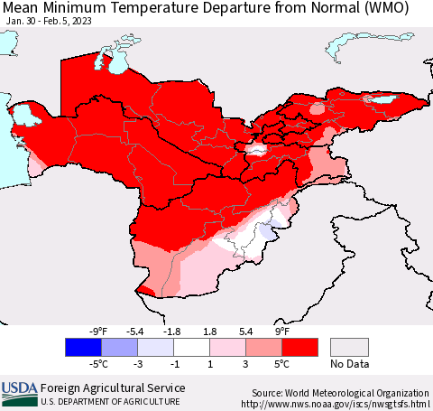 Central Asia Mean Minimum Temperature Departure from Normal (WMO) Thematic Map For 1/30/2023 - 2/5/2023